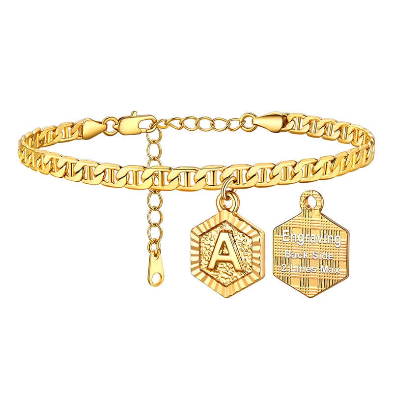 Fashion custom 18k gold plated personalized engraving hexagon alphabet A-Z initial mariner chain anklet barefoot bracelet for women girls, engravable back side