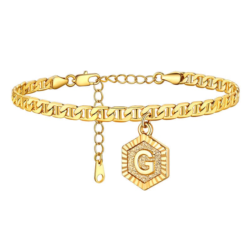 Fashion custom 18k gold plated personalized engraving hexagon alphabet A-Z initial mariner chain anklet barefoot bracelet for women girls, engravable back side