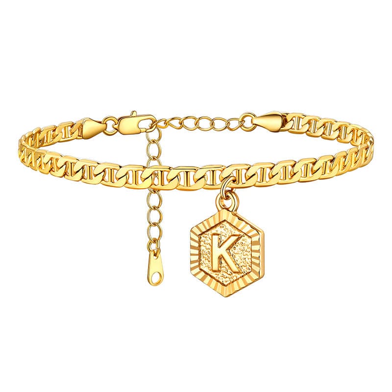 Fashion custom 18k gold plated personalized engraving hexagon alphabet A-Z initial mariner chain anklet barefoot bracelet for women girls, engravable back side