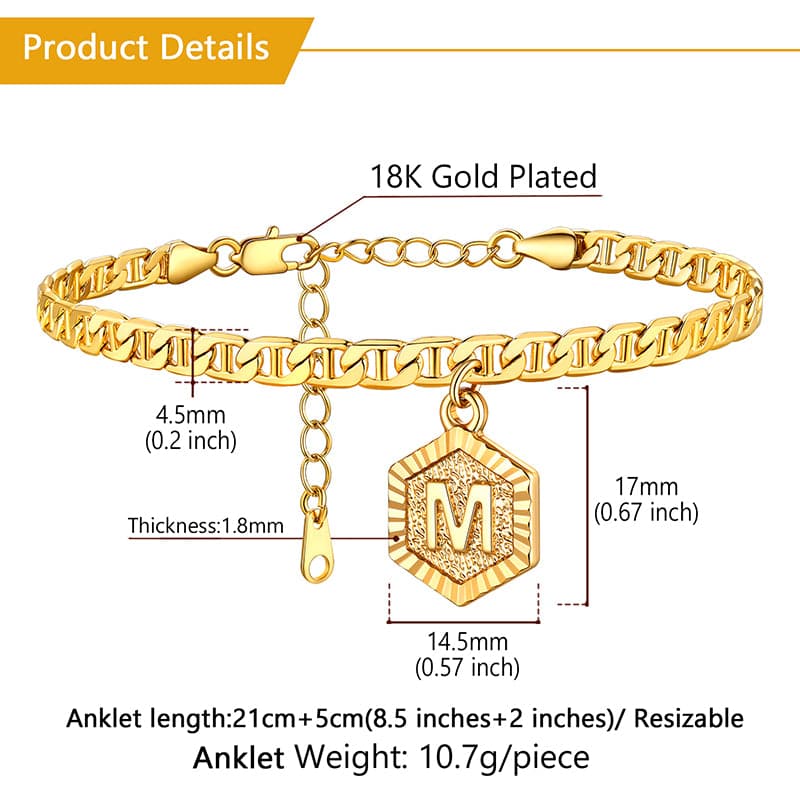 Fashion custom 18k gold plated personalized engraving hexagon alphabet A-Z initial mariner chain anklet barefoot bracelet for women girls, engravable back side