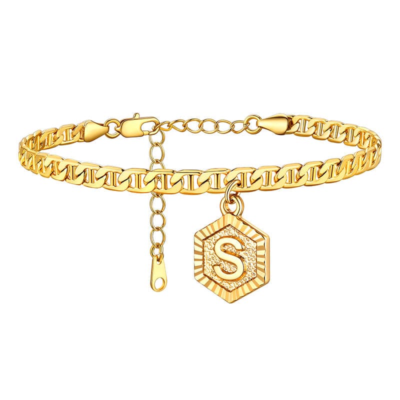 Fashion custom 18k gold plated personalized engraving hexagon alphabet A-Z initial mariner chain anklet barefoot bracelet for women girls, engravable back side