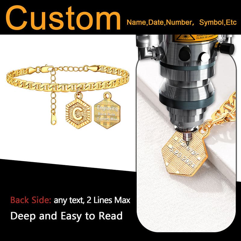 Fashion custom 18k gold plated personalized engraving hexagon alphabet A-Z initial mariner chain anklet barefoot bracelet for women girls, engravable back side