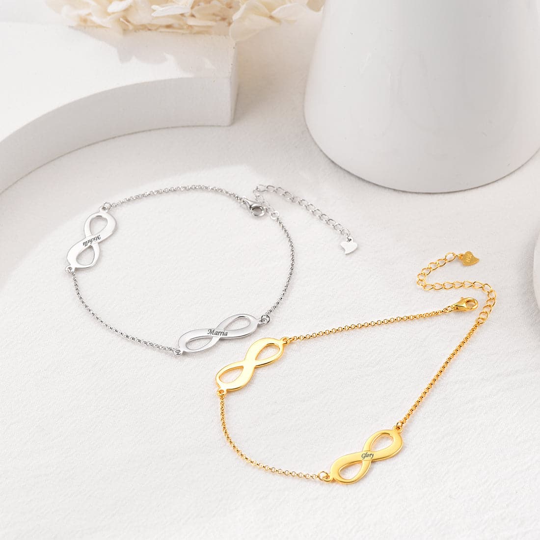 Dainty customized 925 sterling silver 18k gold plated personalized engravable infinity symbol name charm abklet bracelet for women girls, symbolizes eternity and everlasting love & friendship. 