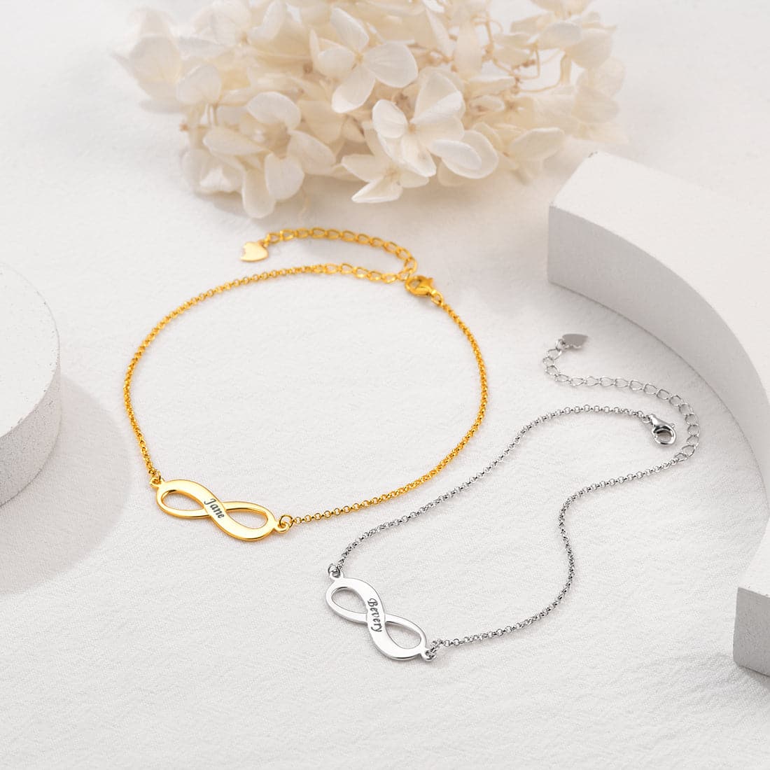 Dainty customized 925 sterling silver 18k gold plated personalized engravable infinity symbol name charm abklet bracelet for women girls, symbolizes eternity and everlasting love & friendship. 
