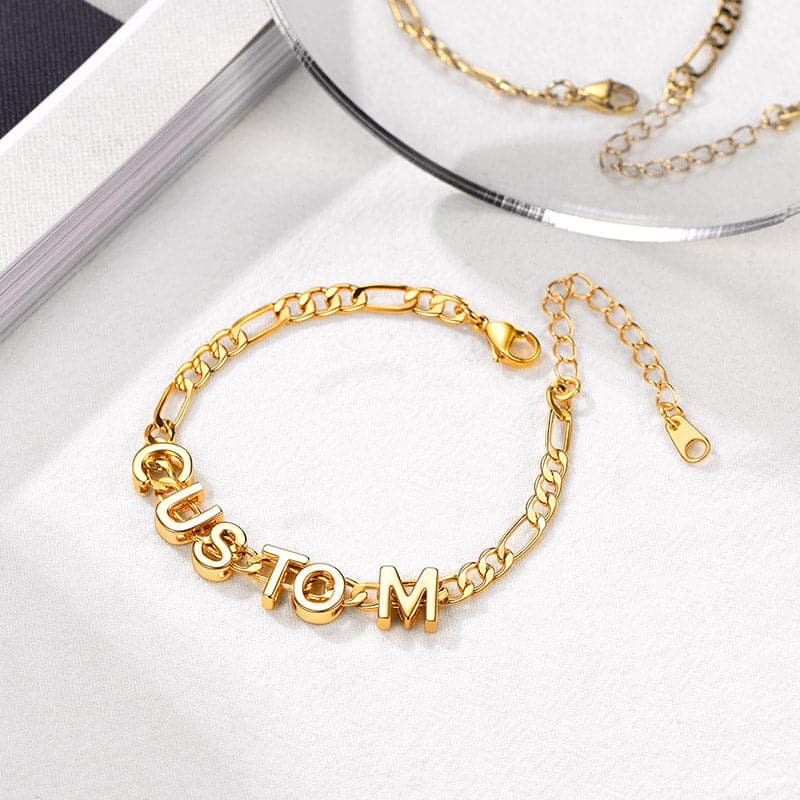 Simple shiny customize 18k gold plated monogram A-Z initials figaro chain name bracelet and necklace for women girls