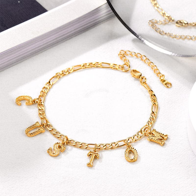 Simple shiny customize 18k gold plated monogram A-Z initials figaro chain name anklet barefoot bracelet for women girls