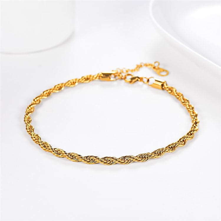 Simple Adjustable Handcrafted Slim 3MM Wide Platinum/18K Gold Plated Twisted Rope Chain Anklet Foot Bracelet Barefoot Jewelry With 5CM Extending Chain For Women Girls