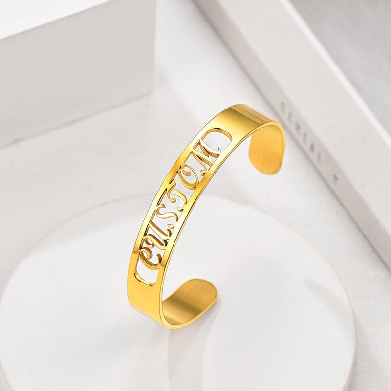 Classic custom 316L stainless steel 18k gold plated hollow out initial name bracelet open cuff bangle for women girls