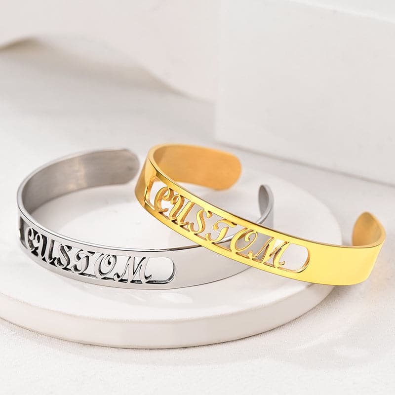 Classic custom 316L stainless steel 18k gold plated hollow out initial name bracelet open cuff bangle for women girls