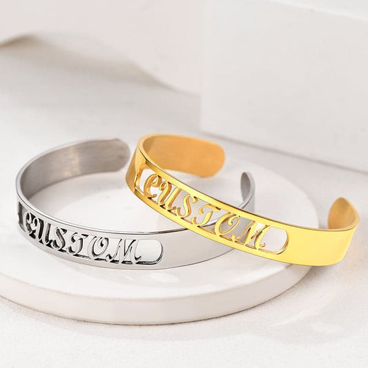 Classic custom 316L stainless steel 18k gold plated hollow out initial name bracelet open cuff bangle for women girls