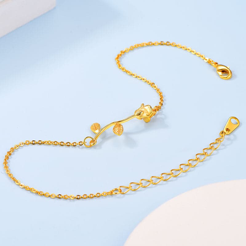 18k Gold Plated Stem Yellow Rose Flower Charm Delicate Link Chain Ankle Bracelet Anklet For Women