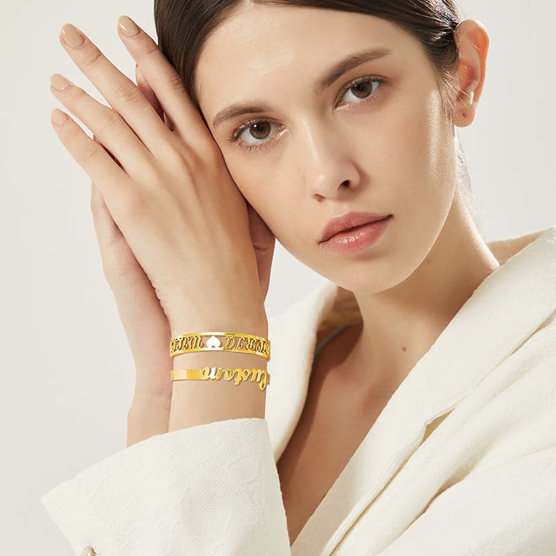 Classic custom 316L stainless steel 18k gold plated hollow out initial name bracelet open cuff bangle for women girls