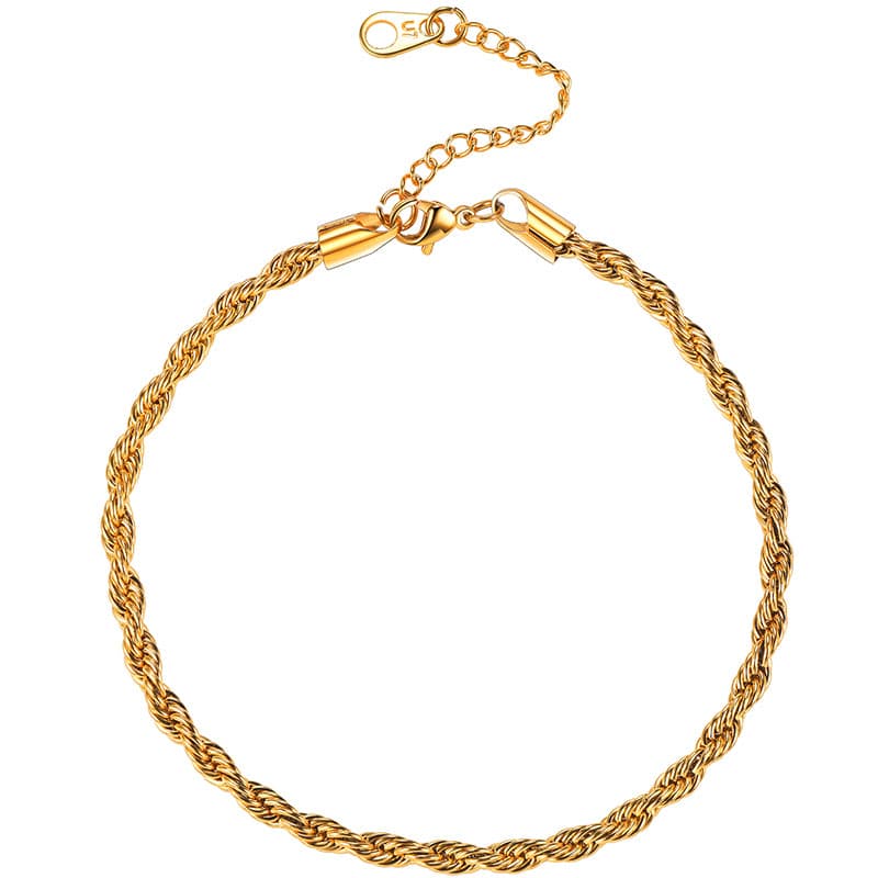 Simple Adjustable Handcrafted Slim 3MM Wide Platinum/18K Gold Plated Twisted Rope Chain Anklet Foot Bracelet Barefoot Jewelry With 5CM Extending Chain For Women Girls