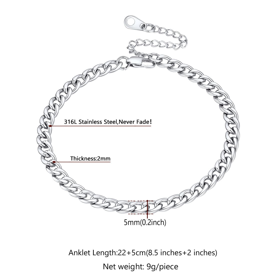 Minimalist simple style trendy 316L stainless steel 18k gold plated cuban curb chain anklet barefoot bracelet for men women
