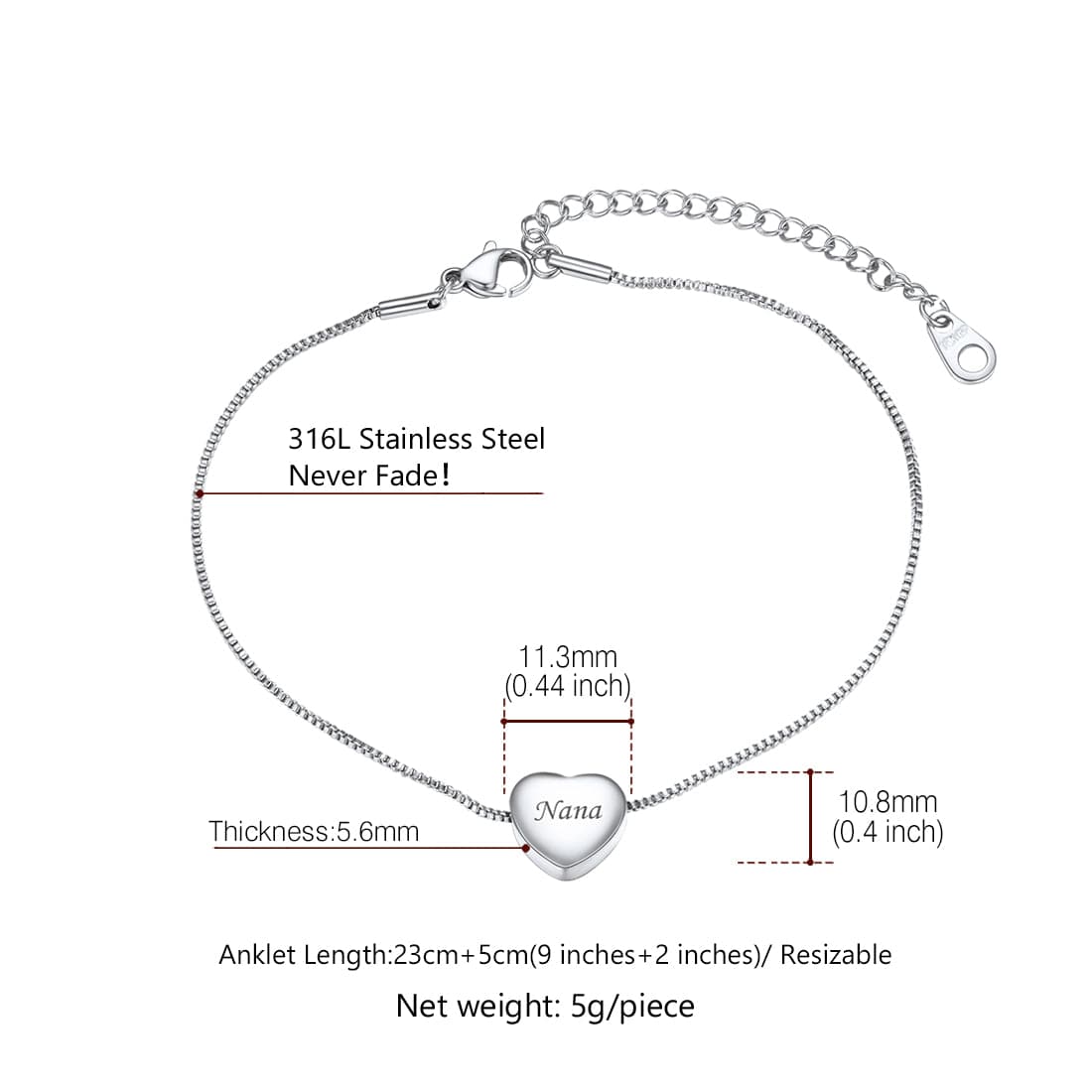 Minimalist female customize engravable 316L stainless steel/18K gold/rose gold/black plated heart bead charm box chain anklet summer barefoot jewelry