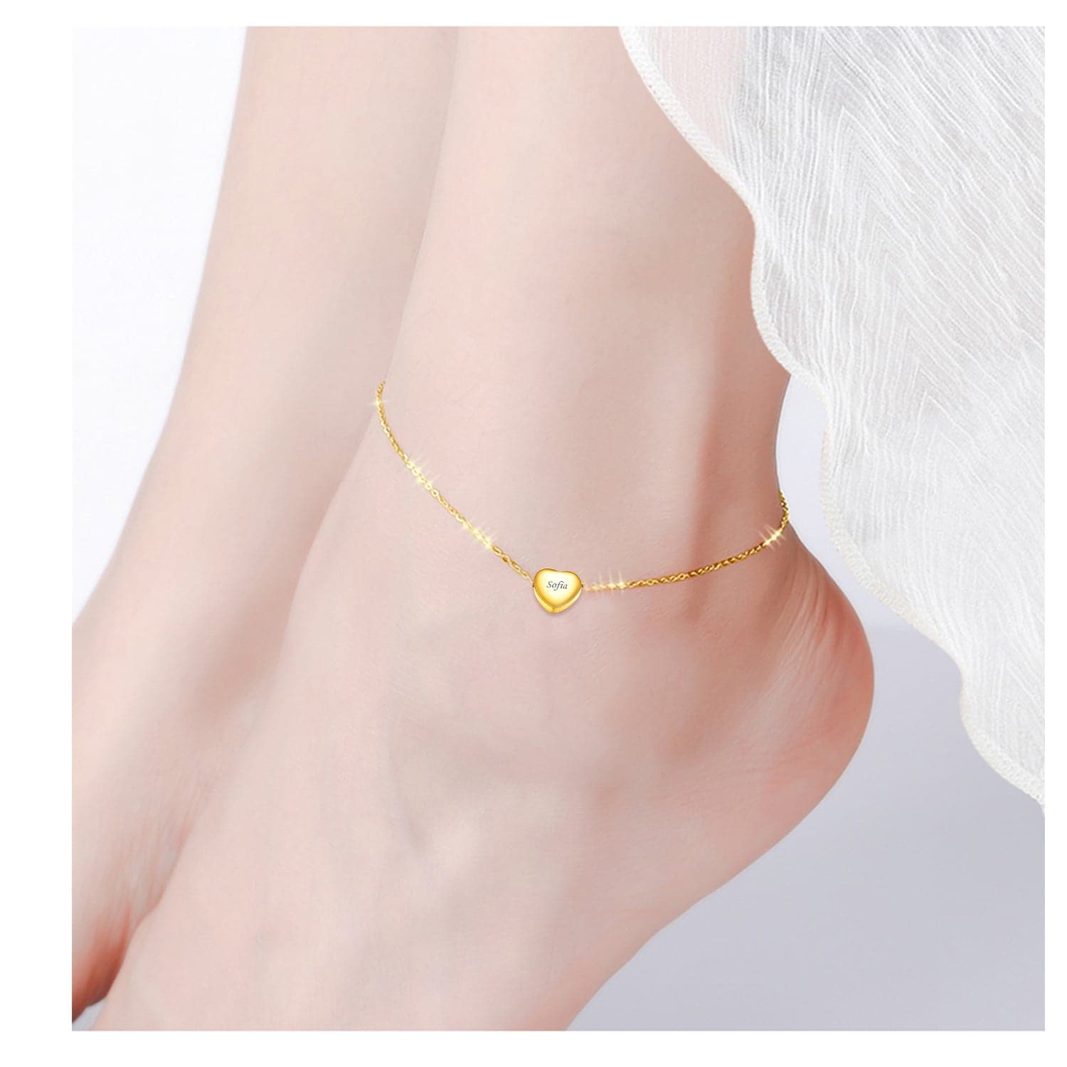 Minimalist female customize engravable 316L stainless steel/18K gold/rose gold/black plated heart bead charm box chain anklet summer barefoot jewelry
