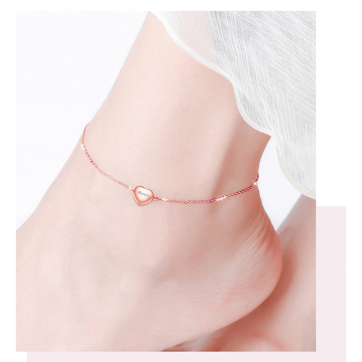 Minimalist female customize engravable 316L stainless steel/18K gold/rose gold/black plated heart bead charm box chain anklet summer barefoot jewelry