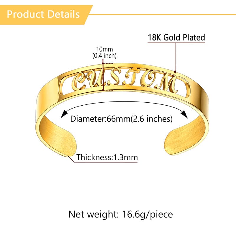 Classic custom 316L stainless steel 18k gold plated hollow out initial name bracelet open cuff bangle for women girls