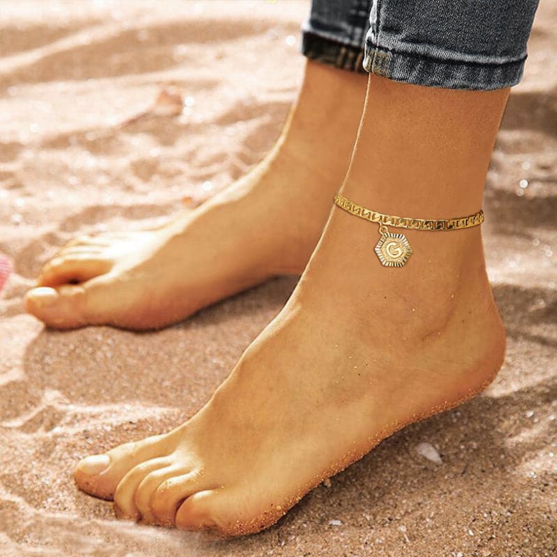 Fashion custom 18k gold plated personalized engraving hexagon alphabet A-Z initial mariner chain anklet barefoot bracelet for women girls, engravable back side