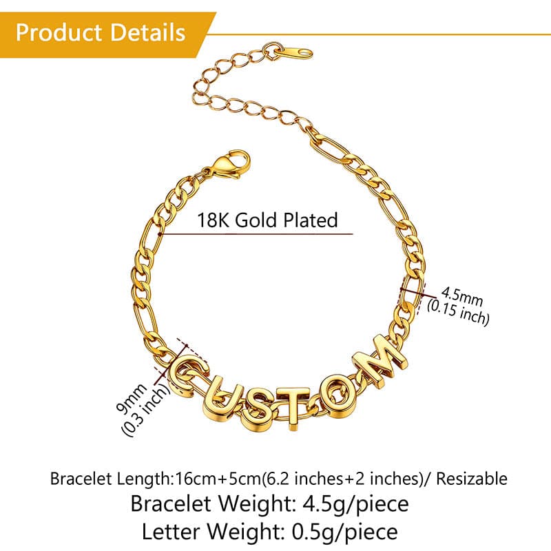 Simple shiny customize 18k gold plated monogram A-Z initials figaro chain name bracelet and necklace for women girls