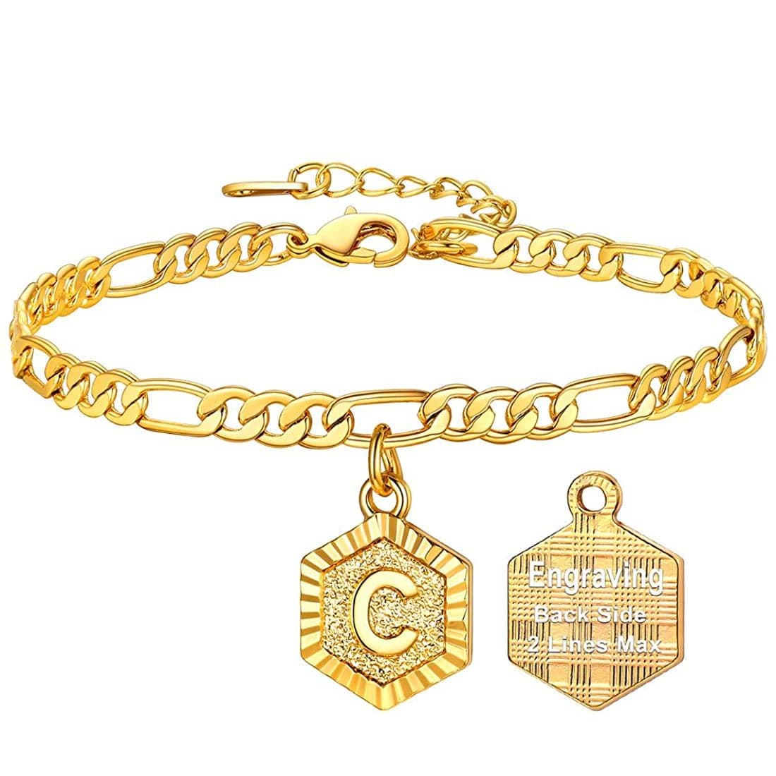 High finish custom 18k gold plated personalized engraving hexagon alphabet A-Z initial figaro chain anklet barefoot bracelet for women teen girls