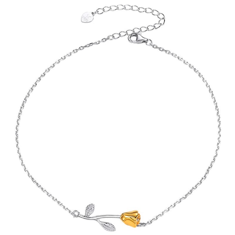 Retro yet modern female 925 sterling silver stemmed 18K gold plated rose flower rolo chain anklet summer barefoot jewelry