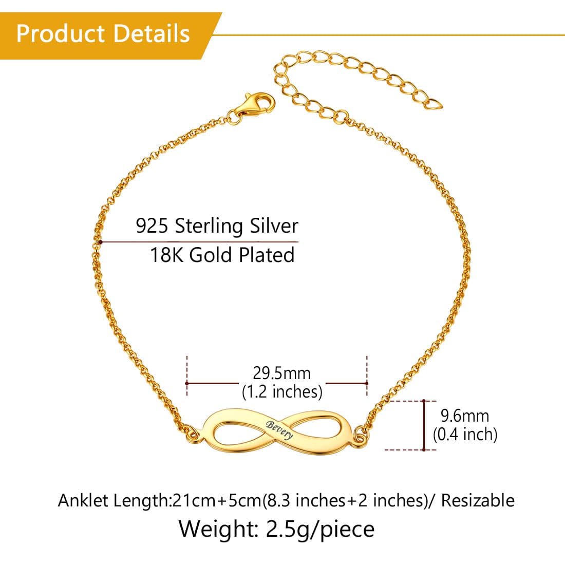 Dainty customized 925 sterling silver 18k gold plated personalized engravable infinity symbol name charm abklet bracelet for women girls, symbolizes eternity and everlasting love & friendship. 