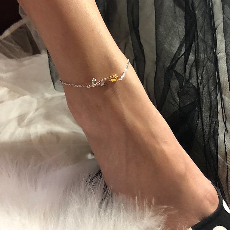 Retro yet modern female 925 sterling silver stemmed 18K gold plated rose flower rolo chain anklet summer barefoot jewelry