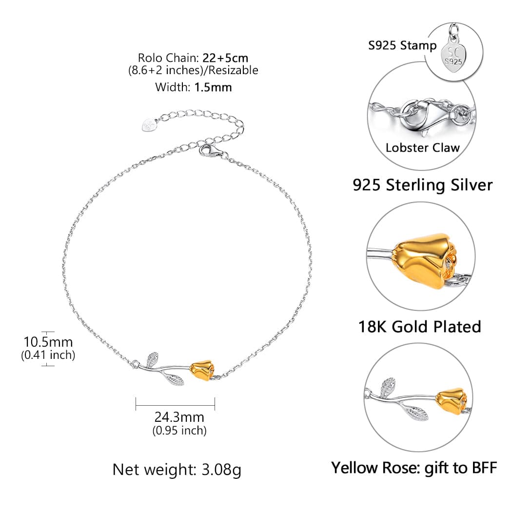 Retro yet modern female 925 sterling silver stemmed 18K gold plated rose flower rolo chain anklet summer barefoot jewelry