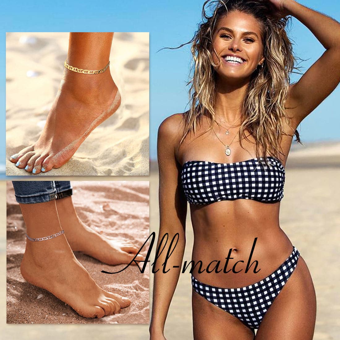 Classic summer beach barefoot jewelry 18k gold/rose gold/platinum plated diamond cut flat mariner link foot chain bracelet anklet for women girls, fit almost all ankle size foot