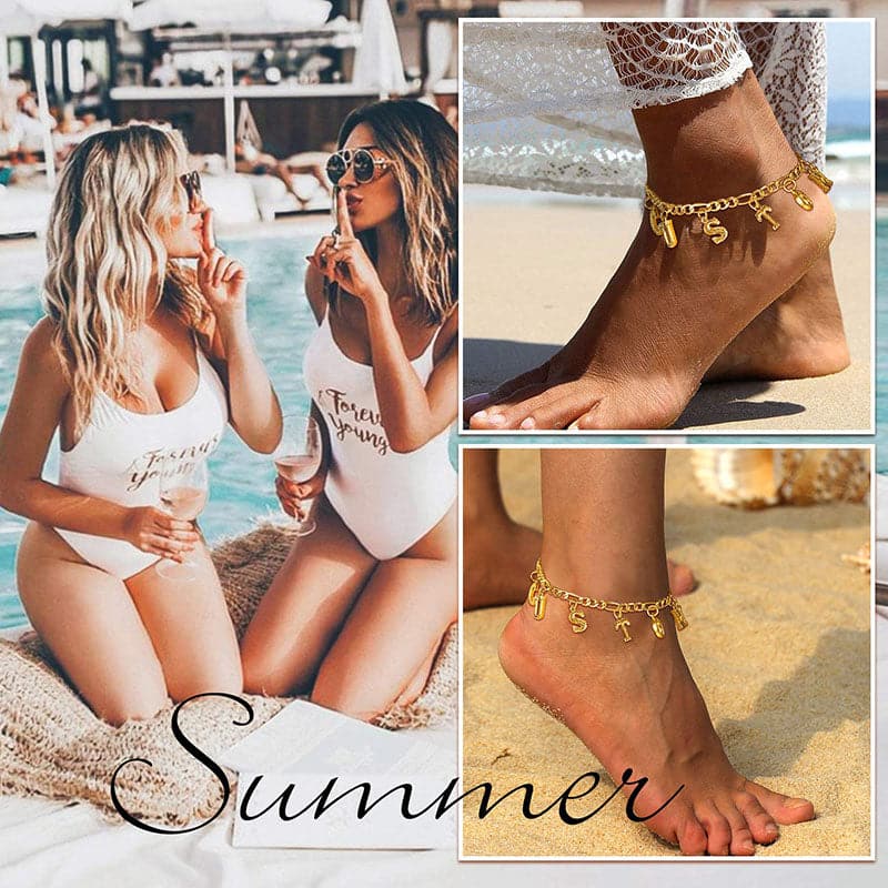 Simple shiny customize 18k gold plated monogram A-Z initials figaro chain name anklet barefoot bracelet for women girls