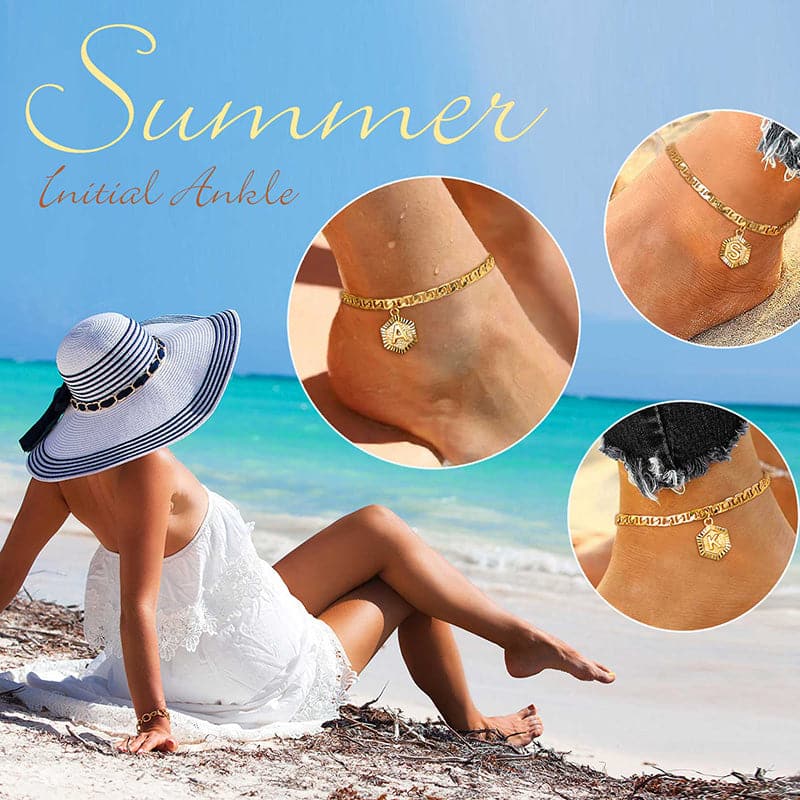 Fashion custom 18k gold plated personalized engraving hexagon alphabet A-Z initial mariner chain anklet barefoot bracelet for women girls, engravable back side